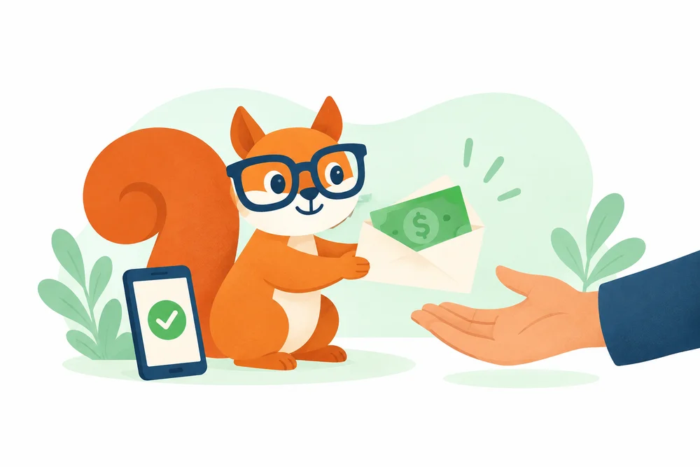 Buddy, the RateBuddy squirrel, sharing a cash-filled envelope with a welcoming hand.