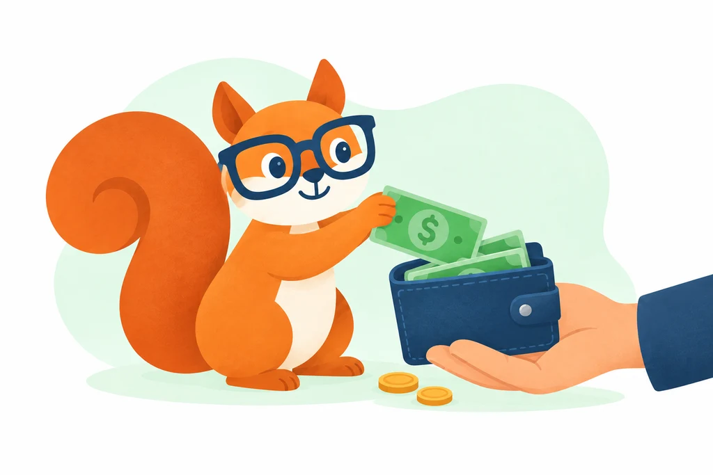 Buddy, the RateBuddy squirrel, adding a banknote to your wallet.